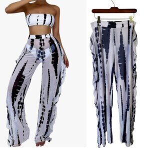 Tie Dye Transparent Mesh Beach Pants High Waist Wide Leg White & Navy Blue M